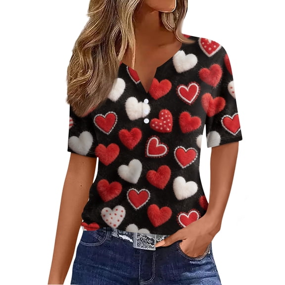 ASDFVBKG Women Valentine's Day Tops Short-Sleeve Shirts Business Henley Neck T-Shirt Dressy Spring Valentine's Day Print Shirts Red S