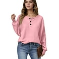 thumbnail image 1 of ASDFVBKG Women Waffle Henley Tops V Neck Button Down Long Sleeve Solid Color Casual Pullover Leisure Trendy Blouse Loose Fit 2025 Fall Tunic Tshirt Top Pink S, 1 of 4