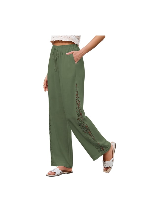 Women Wide Leg Flowy Cotton Linen Pants Dressy Elastic Palazzo Pants Trendy Drawstring Pant with Pockets High Waisted Trousers Green S