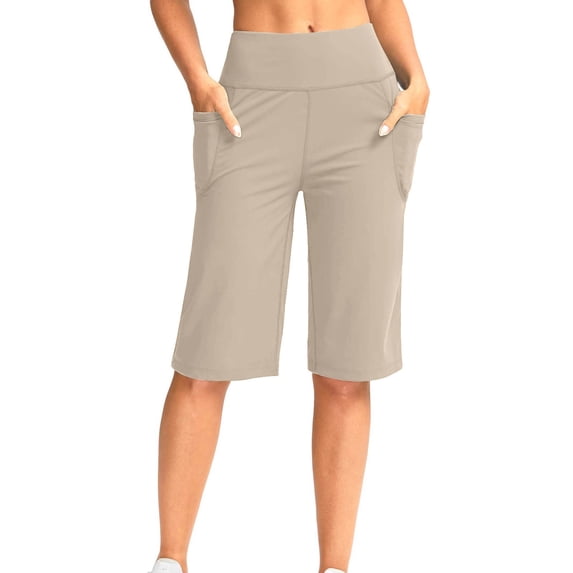 ASDFVBKG Women's 10" Bermuda Shorts with Pockets High Waisted Knee Length Shorts for Women Walking Workout Casual Khaki 2XL