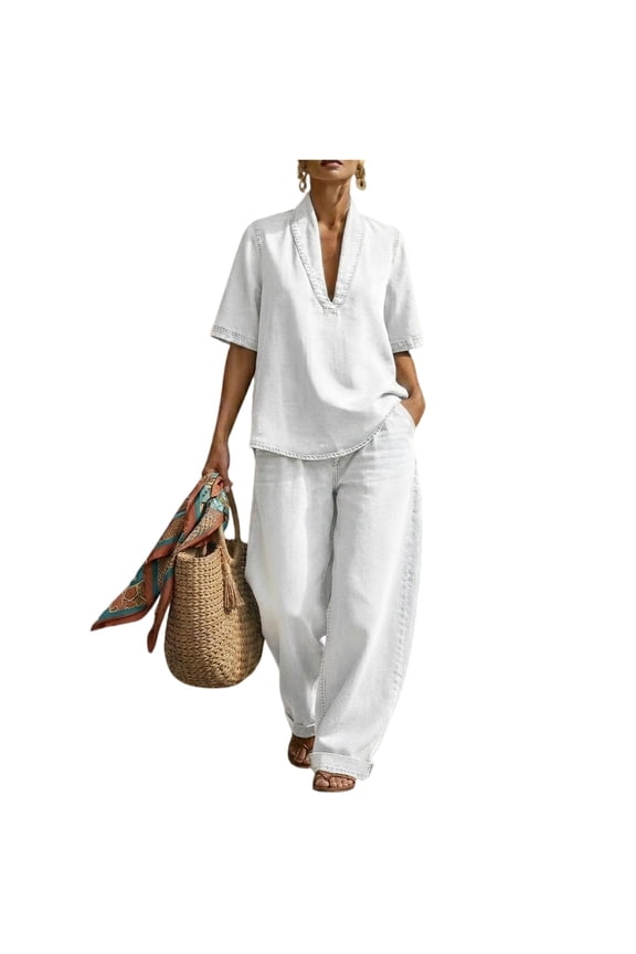 Women's 2 Piece Denim Outfits V Neck Short Sleeve Top & Wide Leg Pants Casual Summer Daily Set By Yigetop White L