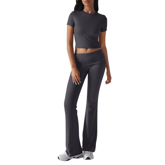 ASDFVBKG Women's 2 Piece Outfits Sets Crewneck Short Sleeve Slim Fit Crop Tops Y2K Bootcut Yoga Pants Suits Lightweight Casual Matching Set Dark Gray XL