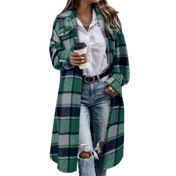 ASDFVBKG Women's 2025 Fall Clothes Plaid Flannel Shacket Jacket Button Down Warm Lapel Long Sleeve Jacket Dressy Loose Fit Coats Fall Winter Overcoat with Pockets Green 2XL