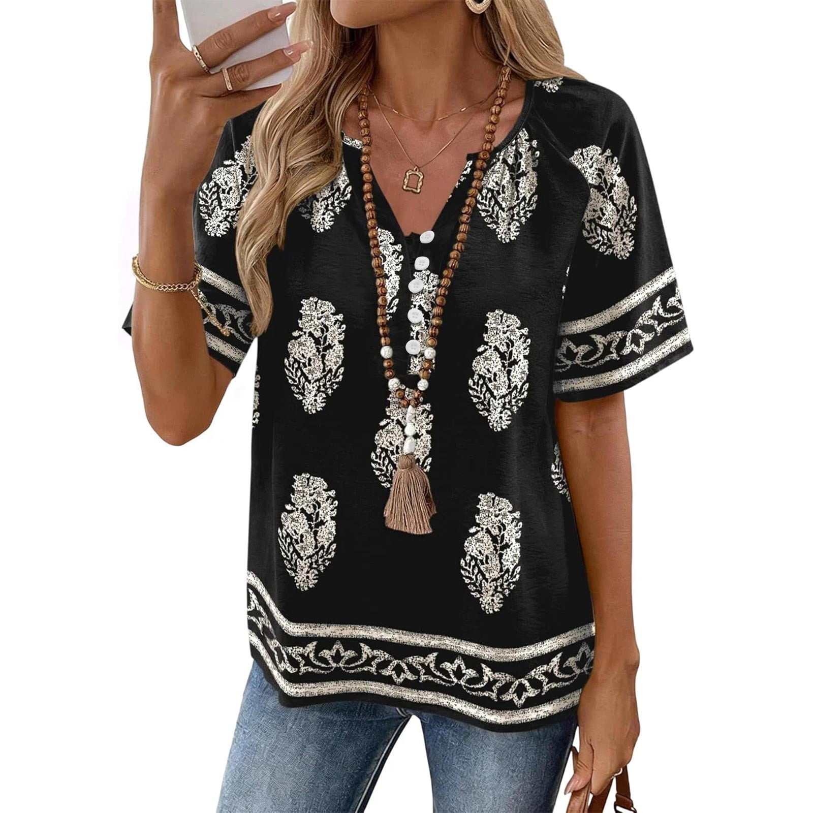 ASDFVBKG Women's 2026 Summer Floral Blouses Dressy Casual Short Sleeve ...