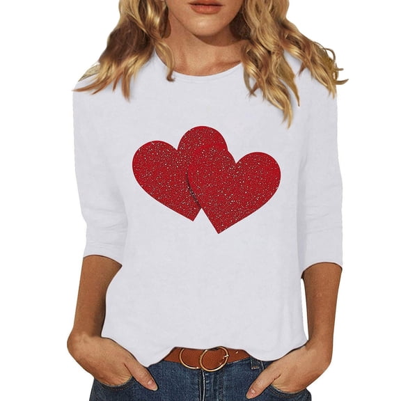 ASDFVBKG Women's 3/4 Sleeve Valentines Shirts Funny Love Heart Graphic Tunic Tops Crewneck Loose Tee Shirt Plus Size Outfits Red S