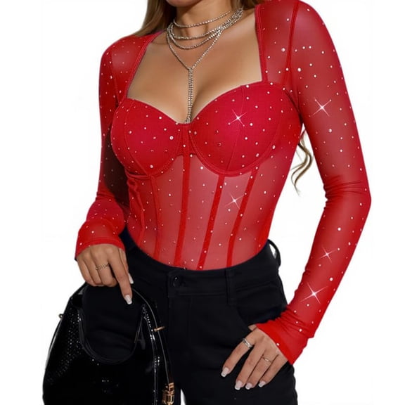 ASDFVBKG Women's Basic Long Sleeves Mesh Sheer Tops ， Sheer Crew Neck Blouse Trendy Soft Layer Shirts Solid Color Clubwear Blouses Red M