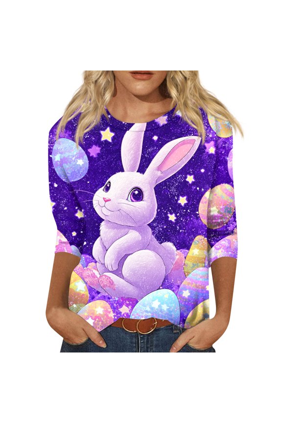 Women's Blouse Easter Day Shirts 3/4 Sleeve Rabbit Printed Blouse Casual Stretch Shirts Regular Fit Tops Pink M