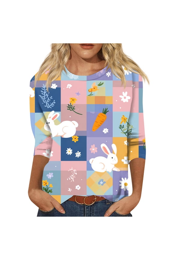 Women's Blouse Easter Day Shirts 3/4 Sleeve Rabbit Printed Blouses Dressy Stretchy Shirts Loose Top Multicolor 4XL
