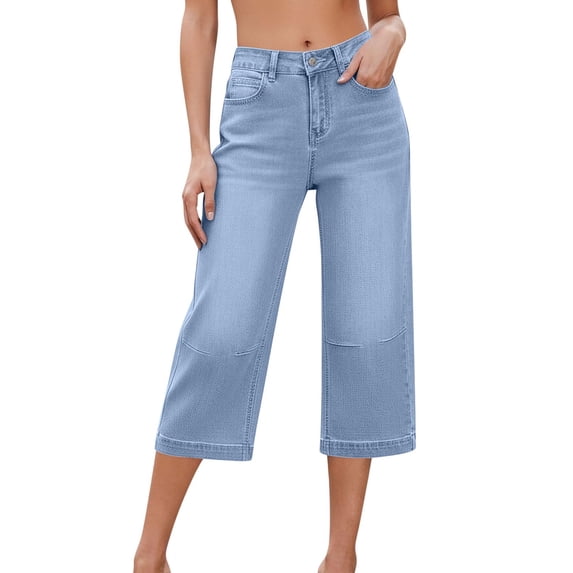 ASDFVBKG Women's Capri Jeans Cropped Dressy Capri Jeans Stretch Denim Pull on Raw Hem Summer Denim Trouser Light Blue XXL