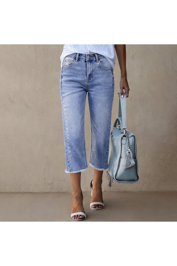 Women's Capri Jeans Cropped Trendy Jeans Stretch Denim Pull on Raw Hem Summer Denim Trouser Light Blue M