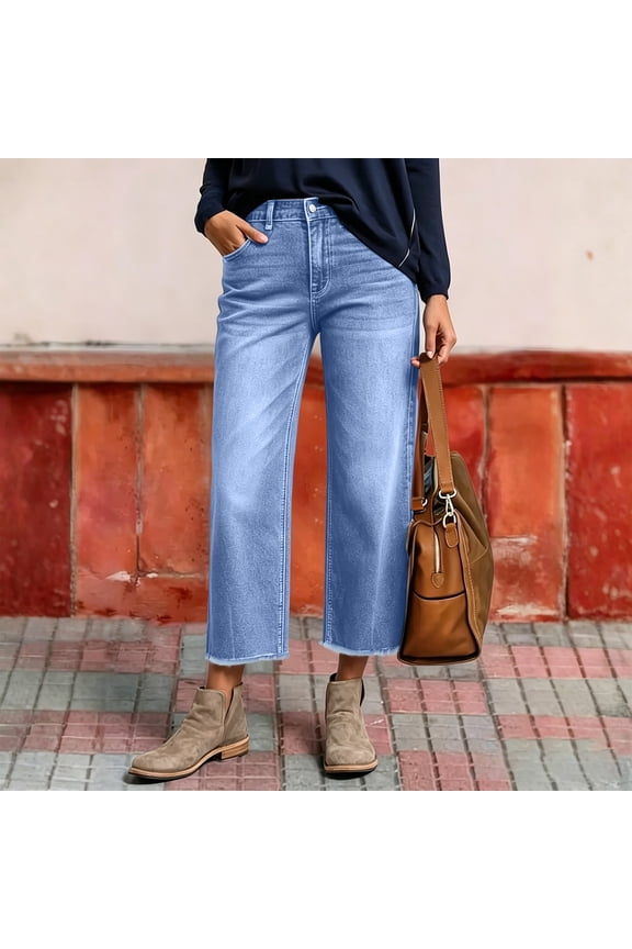 Women's Capri Jeans Cropped Trendy Jeans Stretch Denim Pull on Raw Hem Summer Denim Trouser Sky Blue 2XL