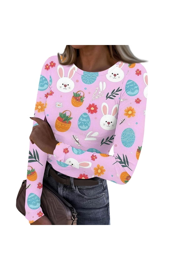 Women's Cute Easter Shirts Long Sleeve Trendy Tops Rabbit Graphic Colored Eggs Print T-Shirt Easter Day Gifts Pink L