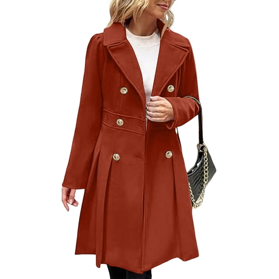 ASDFVBKG Women's Double Breasted Woolen Trench Coat Insulated Long Sleeve Notch Lapel Wool Blend Double-Breasted Pea Coat Mid Length Casual Winter Outerwear Solid with Pocket Dress Jacket Orange XL
