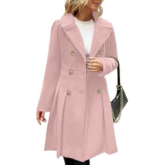 ASDFVBKG Women's Double Breasted Woolen Trench Coat Thermal Long Sleeve Notch Lapel Wool Blend Double-Breasted Coat Mid Long Soft a Line 2025 Winter Outerwear Solid Pockets Dress Jacket Light pink L