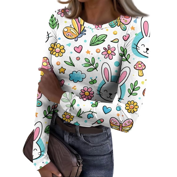 ASDFVBKG Women's Easter Blouse Casual Crew Neck Basic Long Sleeve Slim Fitted T-Shirts Ribbed Knit Bunny Rabbit Graphic Soft Tees Multicolor 2XL
