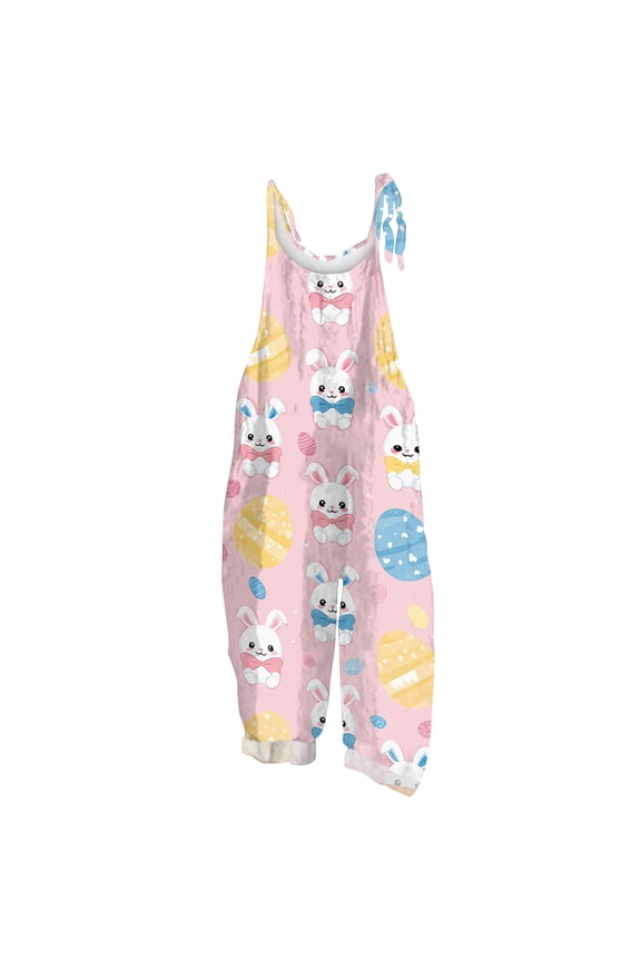 Women's Easter Jumpsuits Plus Size Rabbit Graphic Print Wide Leg One Piece Jumpsuits Loose Fit Fashion Clothes with Pockets Overalls Pink S
