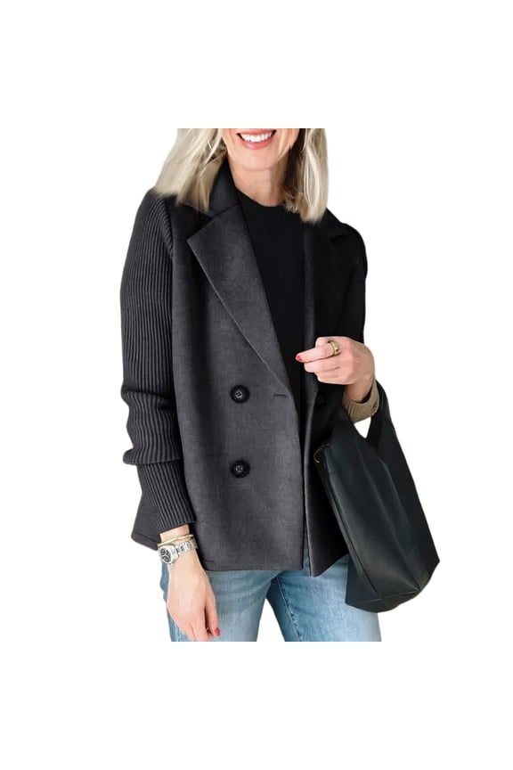 Women's Fall Winter Wool Blend Jacket Comfortable Notched Lapel Patch Work Knit Long Sleeve Double Breasted Peacoat Loose Button Down Tunic Blazer Jacket Overcoat Black S