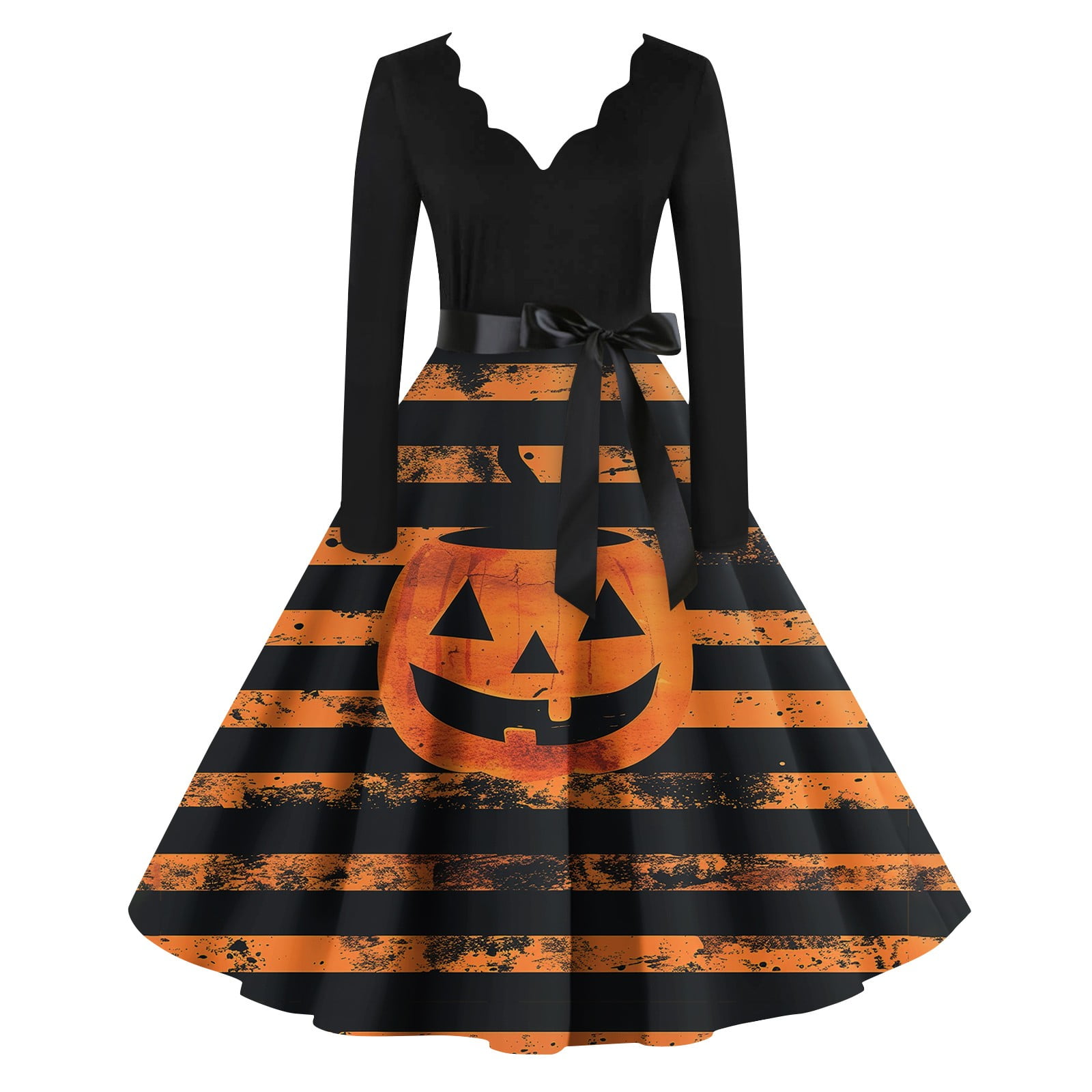 ASDFVBKG Women's Halloween Dress bat pumpkin Print Long Sleeve VNeck