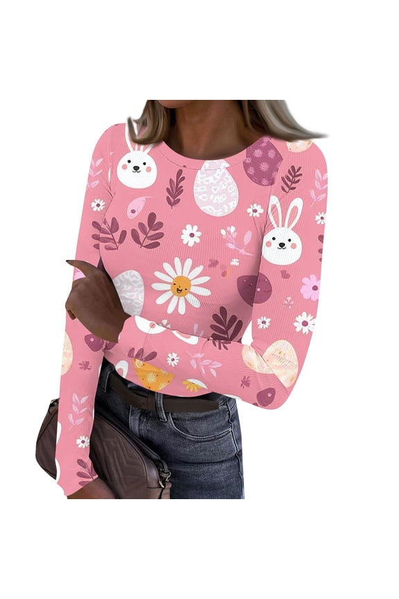 Women's Happy Easter Shirt Cotton Ribbed Knit Trendy Blouses Long Sleeve Shirts Retro Floral Stretch Basic Tees Pink XL