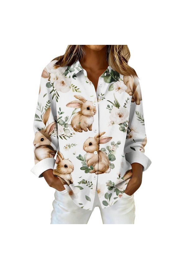 Women's Happy Easter Shirt Long Sleeve Dressy Blouses Bunny Rabbit Print Easter Day Outfits Tunic Button-Up Tops Yellow XL