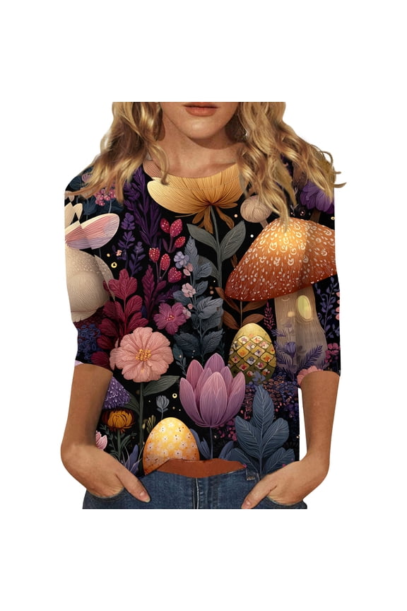 Women's Happy Easter Shirt Rabbit Graphic Colored Eggs Print Dressy Blouses 3/4 Sleeve Tops Retro Floral Stretch Basic Tees Purple S