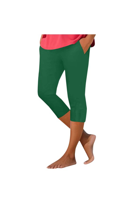 Women's High Waisted Yoga Capris 3/4 Length Elastic Waisted Slim Fit Capris Pants with Pockets Cropped Soft Trendy Casual Pants Army Green M