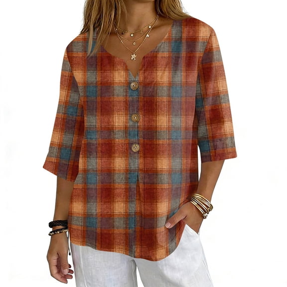 ASDFVBKG Women's Linen 3/4 Sleeve Blouse Comfortable V Neck Cotton Button Fashion Tees Checkered Striped Print Vacation Loose Blouses Saffron 2XL