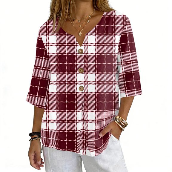 ASDFVBKG Women's Linen 3/4 Sleeve Blouse Comfortable V Neck Cotton Button T Shirts Checkered Striped Print Relaxed Fit Loose Blouse Tops Purple 2XL