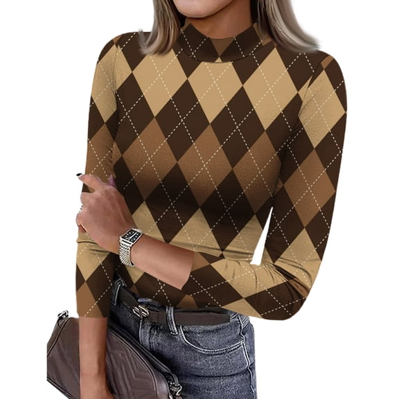 ASDFVBKG Women's Long Sleeve Mock Turtleneck Shirts Comfortable Basic Tee Shirts Plaid Vintage Print Tunic Dressy Top Casual Slim Fit Lounge Clothes Brown M