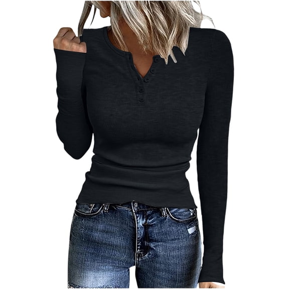 ASDFVBKG Women's Long Sleeve Ribbed Knit Shirts, Soft Henley Tops Tunic Y2k Slim Fit Basic Dressy Button Down T Shirts Black L