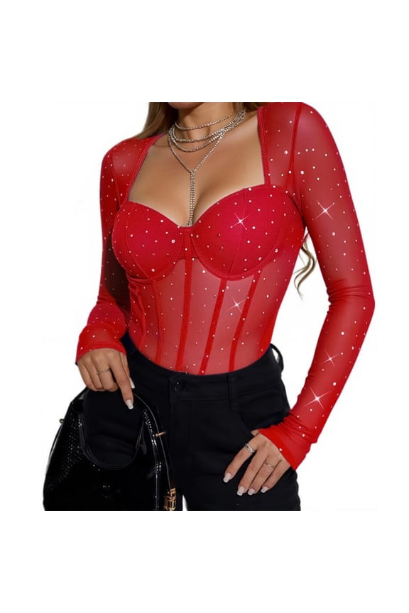 Women's Mesh Sparkly Tops Sexy See Through Crew Neck Blouses Dressy Soft Layer Shirt Solid Color Clubwear Party Blouse Red L
