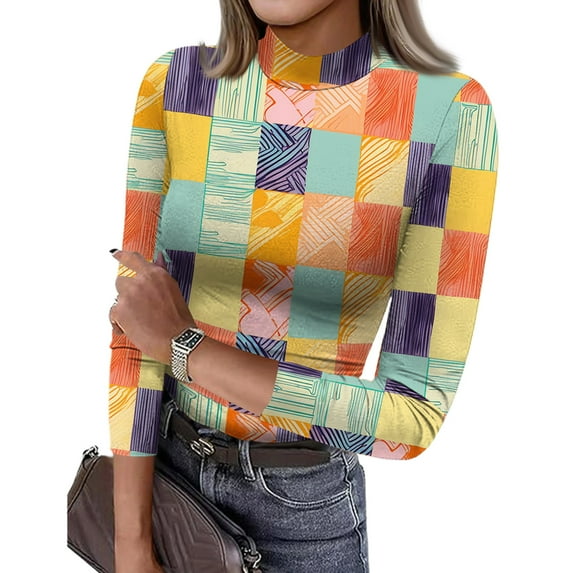 ASDFVBKG Women's Mock Turtleneck Long Sleeve T-Shirts Comfy Base Layer Tee Shirts Plaid Vintage Print Tunic Dressy Top Casual Slim Fit Lounge Clothes Multicolor S