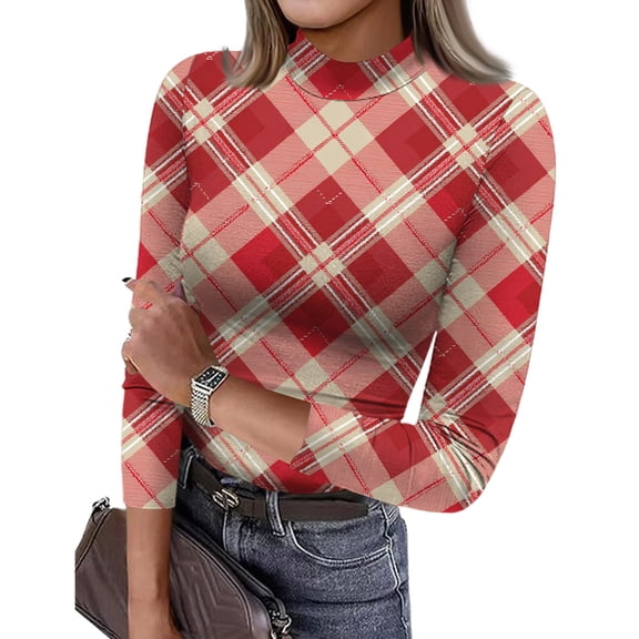 ASDFVBKG Women's Mock Turtleneck Long Sleeve T-Shirts Comfy Base Layer Tee Shirts Plaid Vintage Print Tunic Trendy Tops Casual Slim Fit Business Clothes Vermilion M