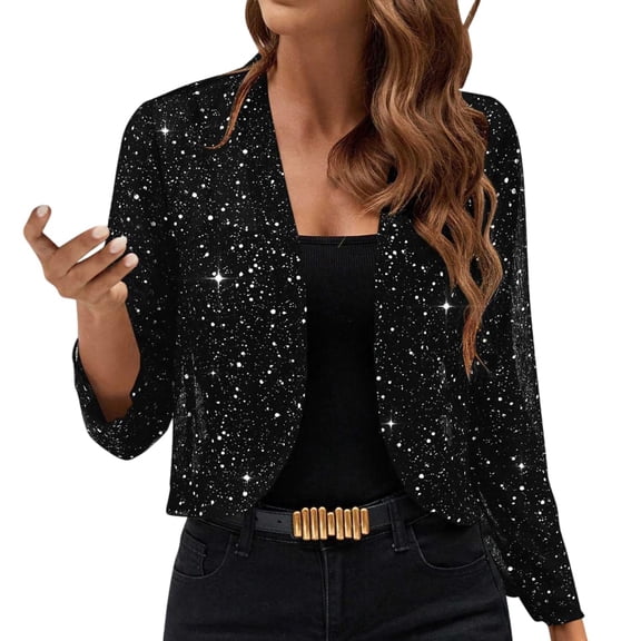 ASDFVBKG Women's Plus Size Sequin Jacket Sparkly Glitter Open Front Cropped Blazer Long Sleeve Dressy Coat Loose Fit Jackets Black S