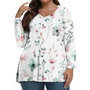 ASDFVBKG Women's Plus Size Tops Clearance 4x Plus Tops V Neck Plus Size Tops Long Sleeves Floral Print Dressy Casual Tshirt 5x Women Plus Size Clothing Light Gray 5XL