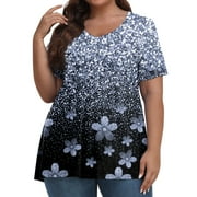 ASDFVBKG Women's Plus Size Tops Fashion 4x Womens Top V Neck Plus Size Tunics Short Sleeve Dressy Casual Floral Graphic Tees Plus Size Womens Clothes Dark Blue 3XL