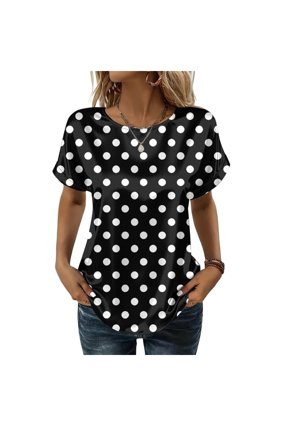 Women's Satin Short Sleeve Shirt Elegant Crewneck Silk Tops Spot Print Comfy Summer Tshirt Work Loose Clothes Black L