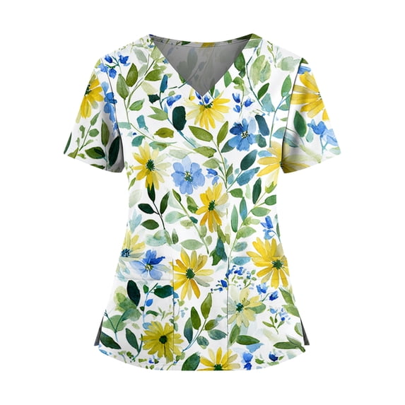 ASDFVBKG Women's Scrub Top Plus Size Short Sleeve V Neck Floral Printed Nursing Uniform with Pocket Comfy Workwear Scrub Top Dark Blue S