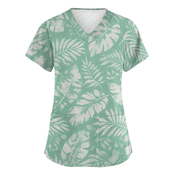 ASDFVBKG Women's Scrub Tops Short Sleeve V-Neck Shirts Fashion Casual Hawaii Pattern Top Mint Green S