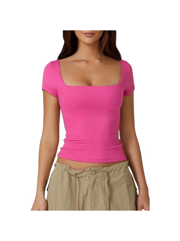 Women's Square Neck Short Sleeve Double-Layer Tops Basic Slim Fit Going Out T Shirt Pink XL