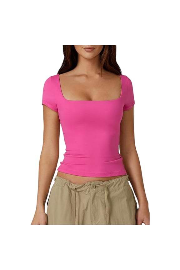 Women's Square Neck Short Sleeve Double-Layer Tops Basic Slim Fit Going Out T Shirt Pink XL