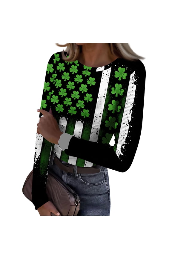 Women's St Patrick's Day Blouse Casual Crewneck Basic Long Sleeve Rib Fitted T-Shirts Ribbed Knit Lucky Shamrock Soft Pullover Tops Light Green S