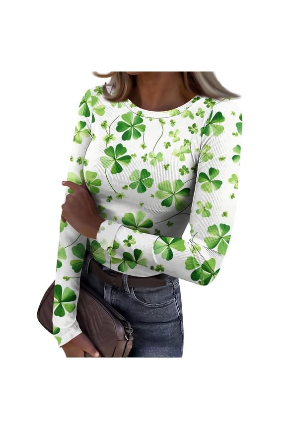 Women's St Patrick's Day Blouse Dressy Crewneck Basic Long Sleeve Slim Fit Tops Ribbed Shamrock Comfortable Outfits White 2XL