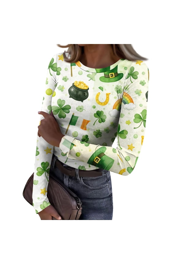 Women's St Patrick's Day Blouse Y2k Crewneck Basic Long Sleeve Slim Fitted Tee Shirts Ribbed St Patrick's Day Lucky Shamrock Cozy Tees Beige 2XL