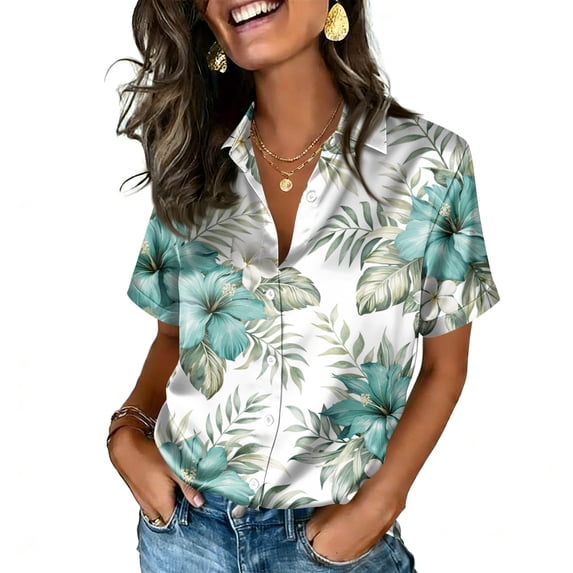ASDFVBKG Women's Stain Long Sleeve Collared T Shirt Casual Tee Shirts Button Down Trendy Work Vintage Floral Print Women's Tops Light Green M