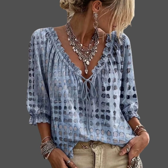 ASDFVBKG Women's Summer Casual V Neck Polka Dot Lace Up 3/4 Sleeve Blouses Loose Flowy Tops Shirts Sky Blue XL