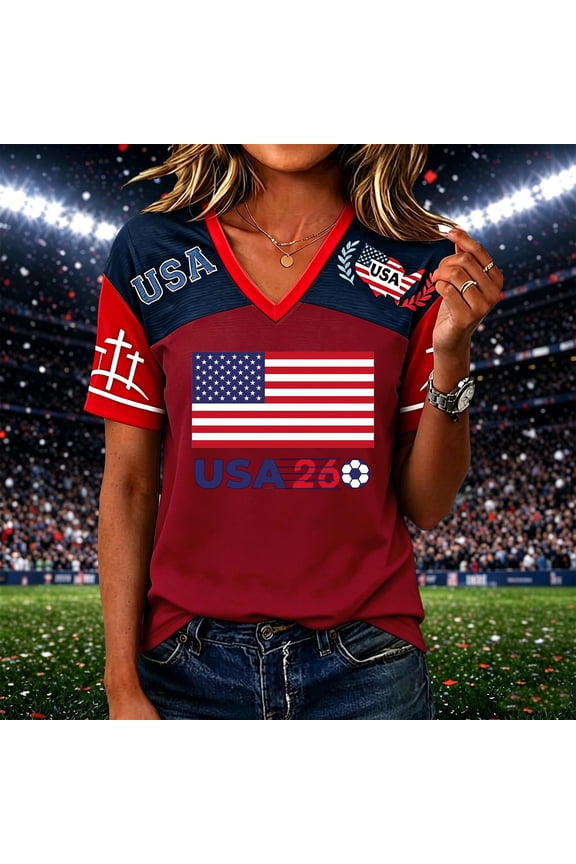 Women's Summer Tops 2026 Soccer Cup V Neck Short Sleeve Fan Wear USA Soccer Jersey American Flag Football Graphic Tees Deep Red L