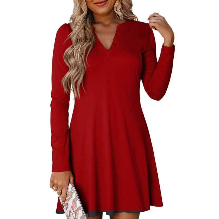 ASDFVBKG Women's T Shirt Dress Casual V-Neck Flowy Swing Puff Long