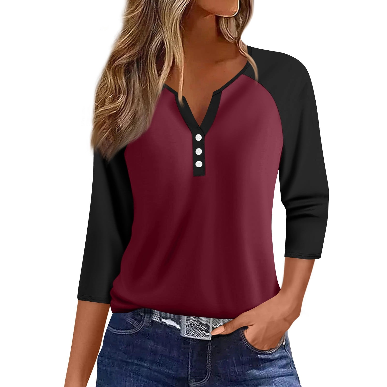 ASDFVBKG Women's Tops 3/4 Sleeve V Neck Button Up Summer T-Shirts ...