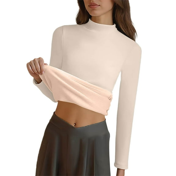 ASDFVBKG Women's Turtleneck Tops Thermal Long Sleeve Tight Basic Undershirts Fleece Lined Winter Top Lightweight Warm Turtleneck Tee Clothes Beige 2XL